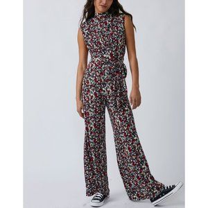 Sleeveless Red Floral Wide-Leg Jumpsuit